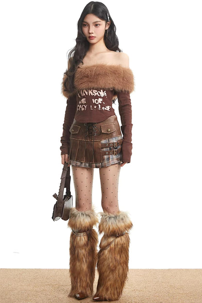 Retro Fur Collar Off-Shoulder Top