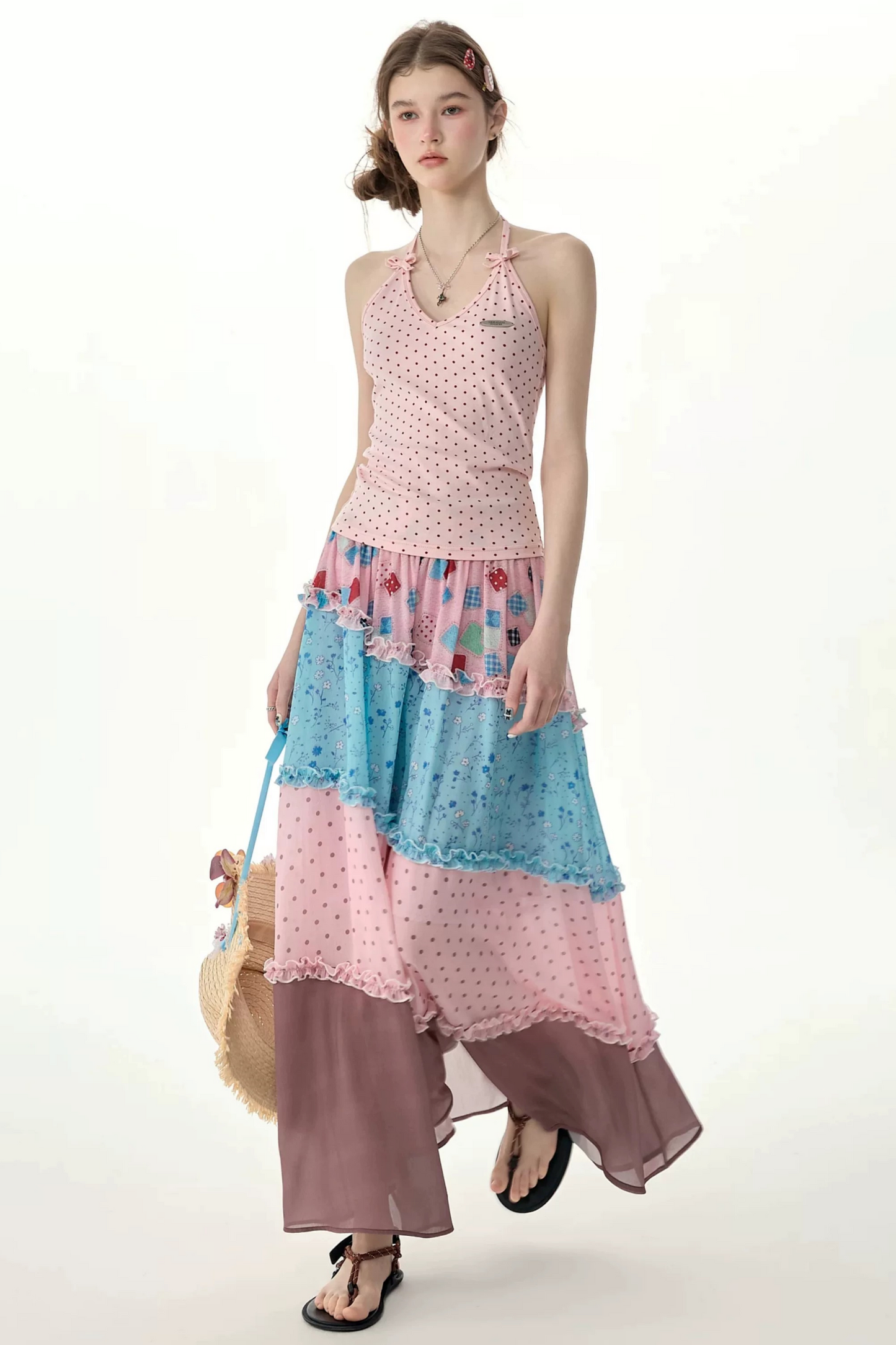 Rosa gepunktetes Neckholder-Tanktop