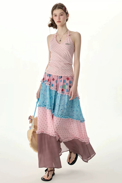 Rosa gepunktetes Neckholder-Tanktop