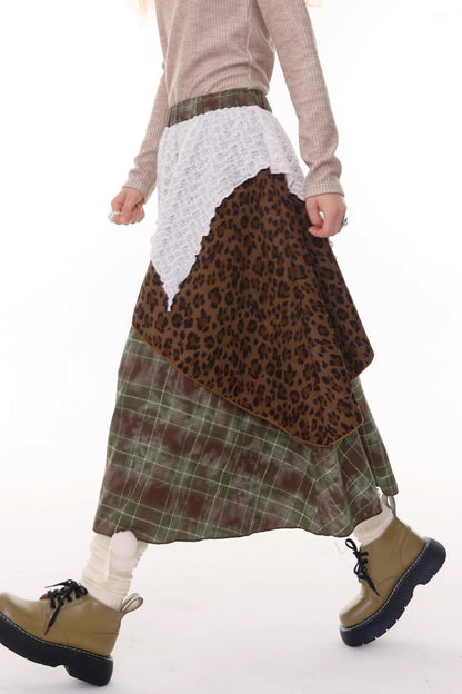 High Waist Irregular Plaid Leopard Print Midi Skirt