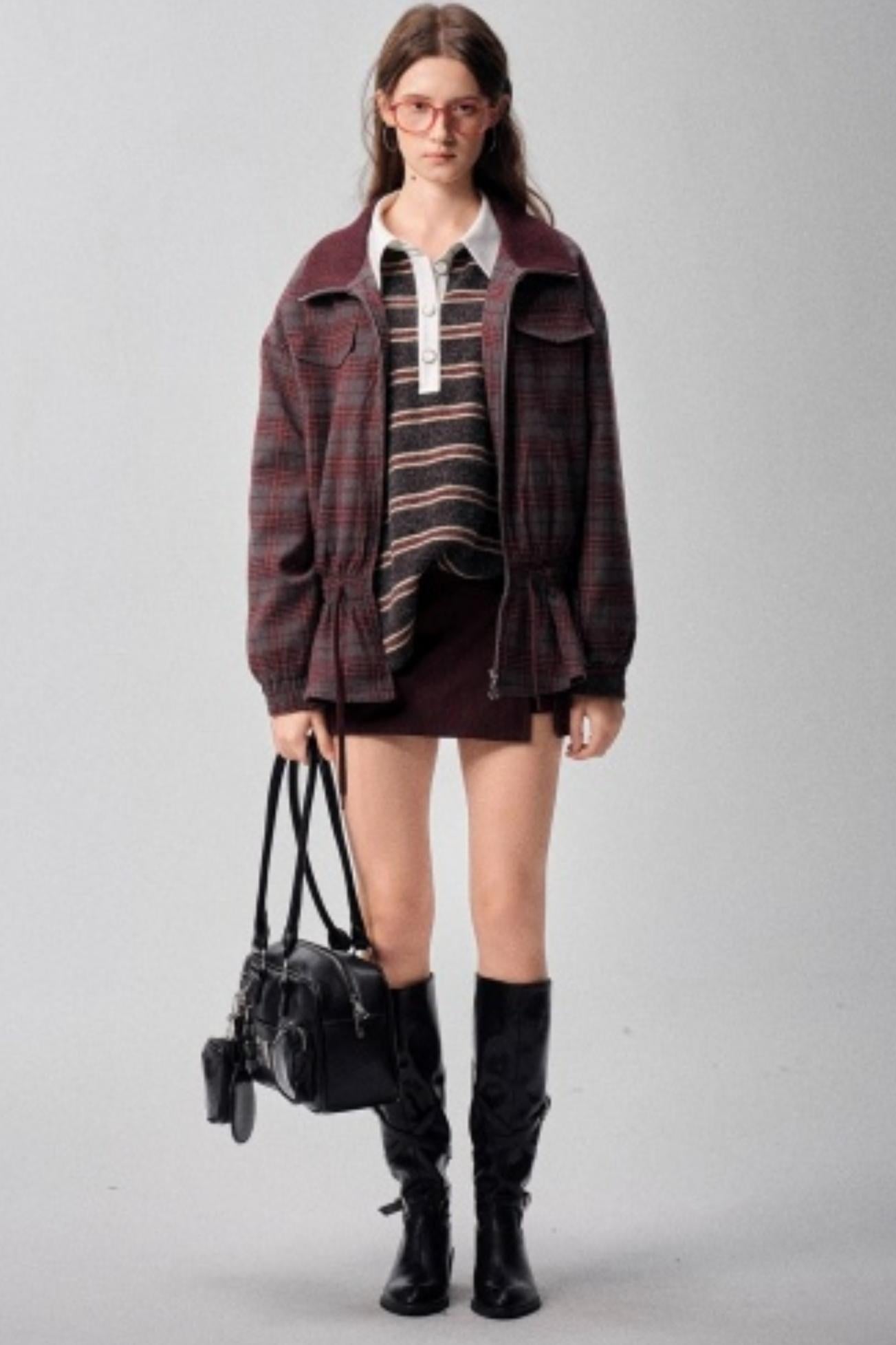 Red Plaid Autumn Waist Jacket