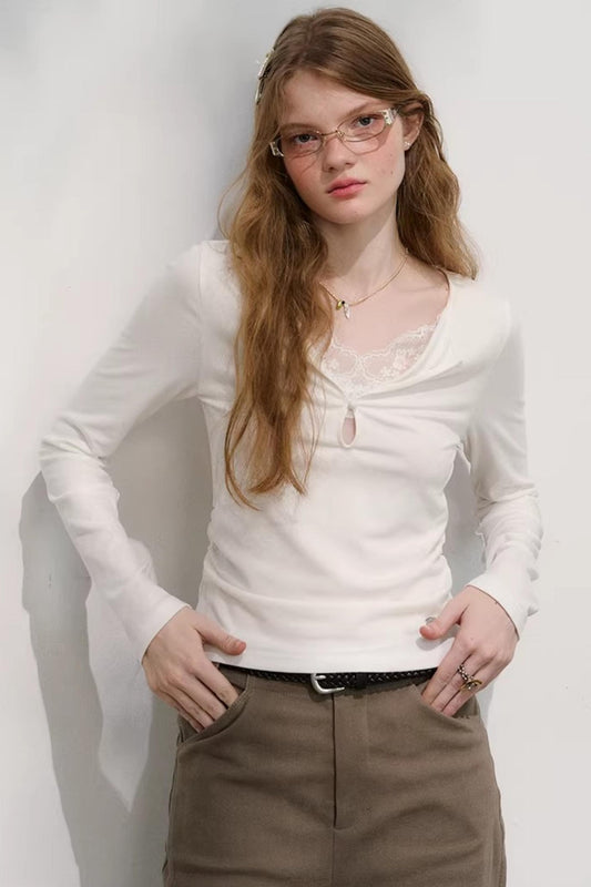 Cloud Cedar Lace Patchwork Top