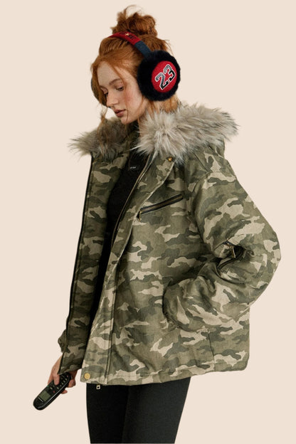 EZEK AMERIKANISCHEN RETRO-CAMOUFLAGE GROSSEN PELZKRAGEN MIT KAPUZE BAUMWOLLE JACKE BAUMWOLLE KLEIDUNG FRAUEN WINTER NEUE LOSE BAUMWOLLE JACKE JACKE FLUT