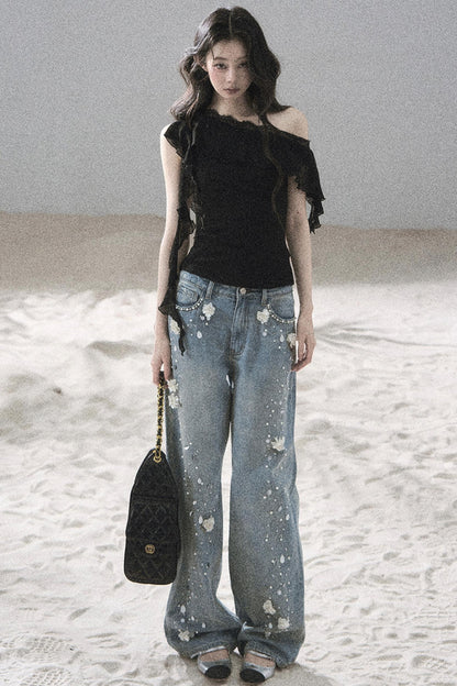 Starry Appliqué Denim Pants