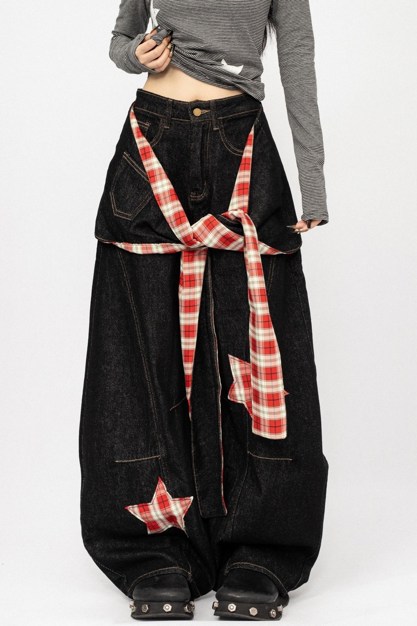 Vintage Spice Girl Plaid Stitched Wide-leg Pants