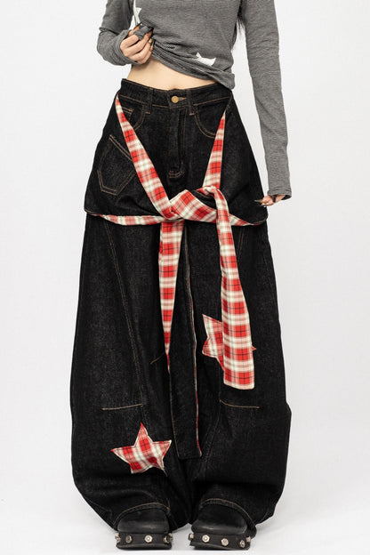 Vintage Spice Girl Plaid Stitched Wide-leg Pants