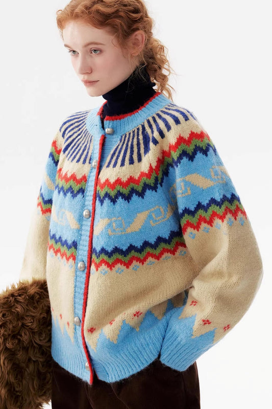 Cartoon Color-Blocked Wool Cardigan