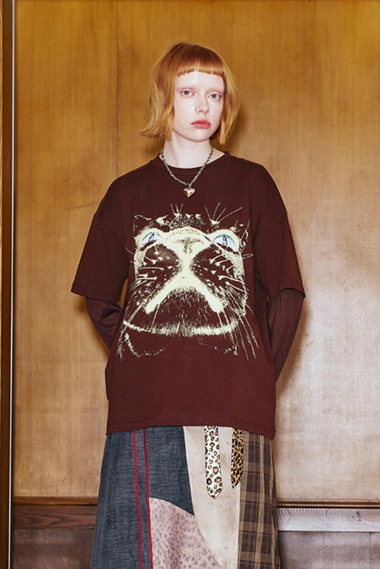 Cat Head Print Loose T-Shirt