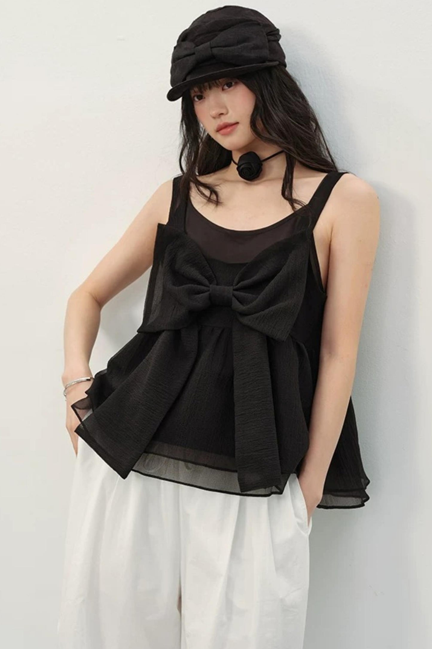 Black Organza Bowknot Blouse Set