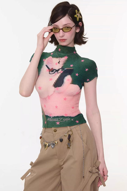 Sweet Pleated Cat Print T-Shirt