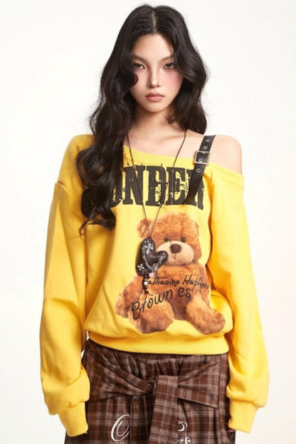Retro Off-Shoulder Bear Sweatshirt