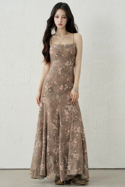 Chic Brown Floral Strap Dress