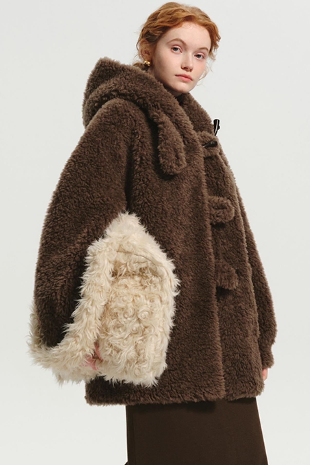 Hooded Horn-Button Full Wool Fur Jacket