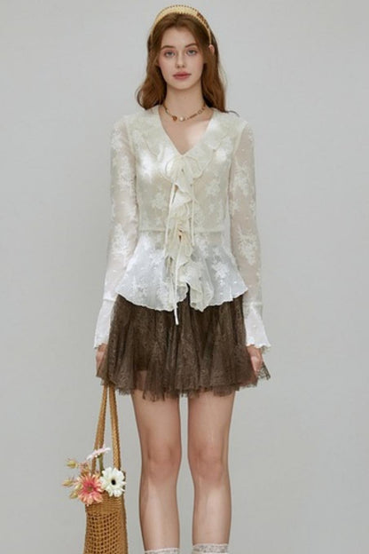 Autumn Womens V-neck Ruffled Top