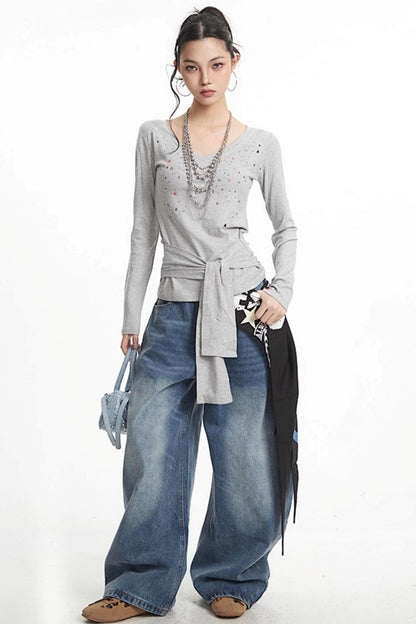 White Hot Girl V-Neck Long Sleeve T-Shirt