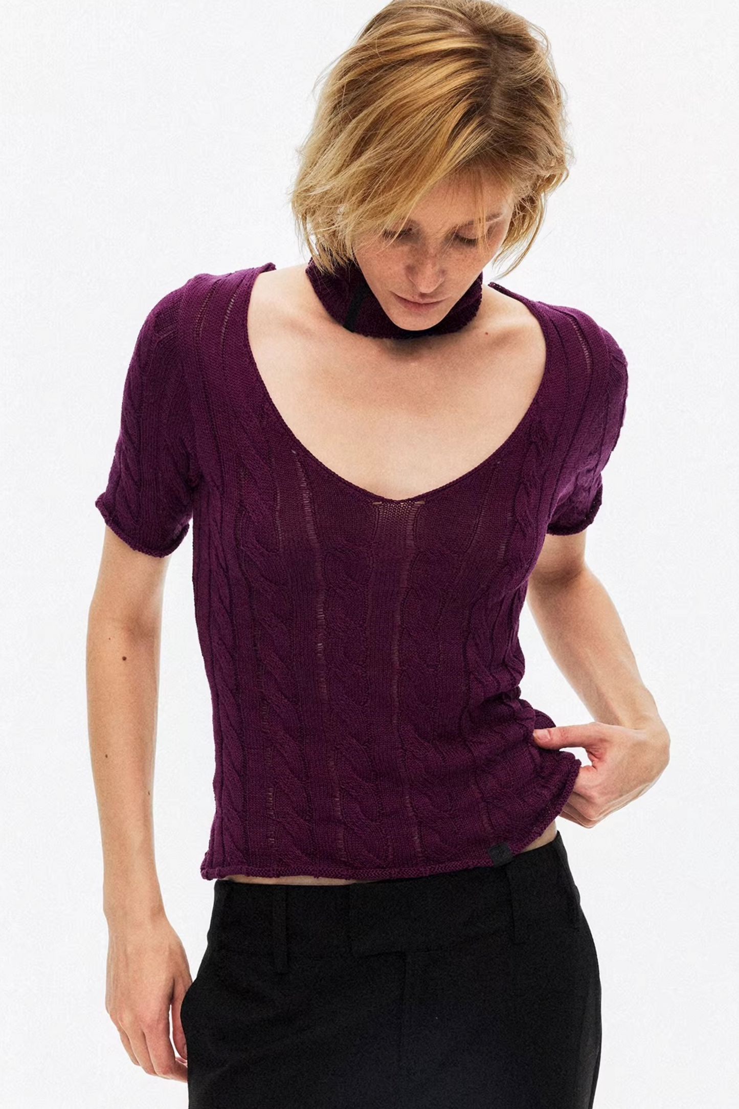 Hollow-Out Knit V-Neck Top