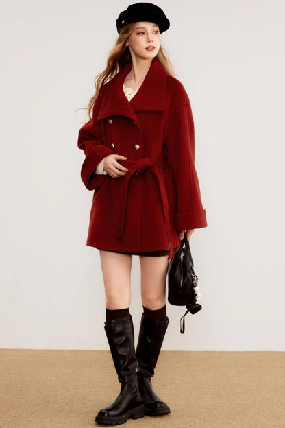 Red Woolen Waist-Cinching Coat