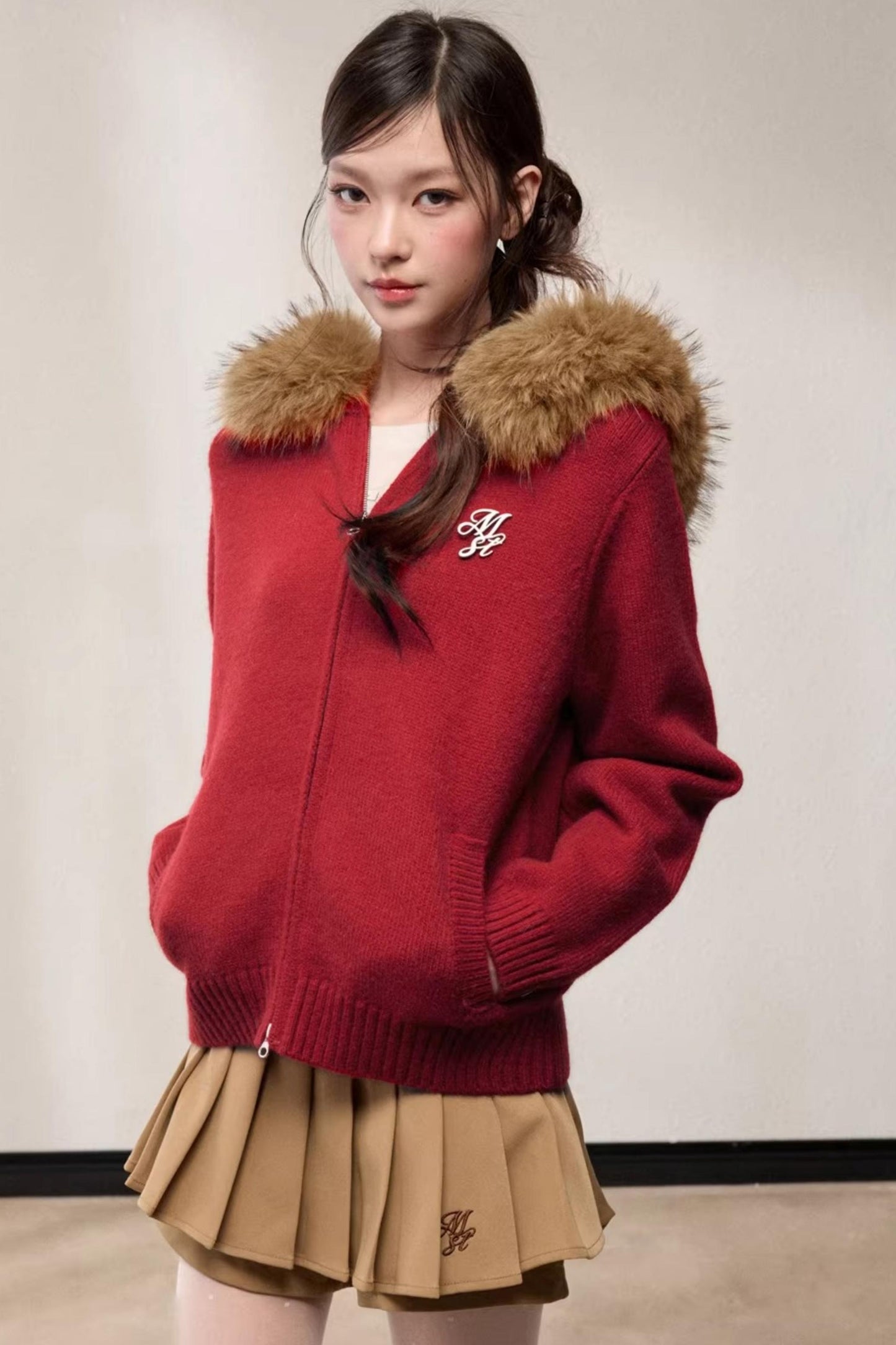 Fur Collar Hooded Knit Cardigan