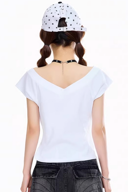 Retro Digital Print V-Neck Top