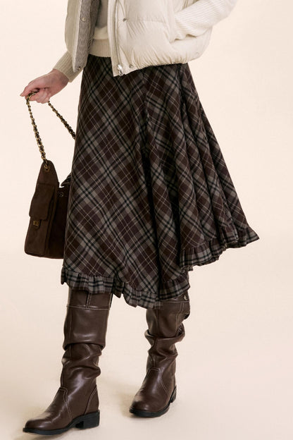 Irregular Ruffled Plaid Skirt