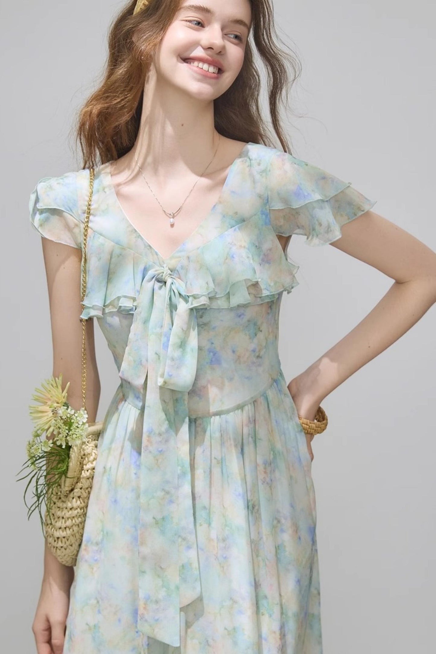 Slim V-Neck Ruffle Dress