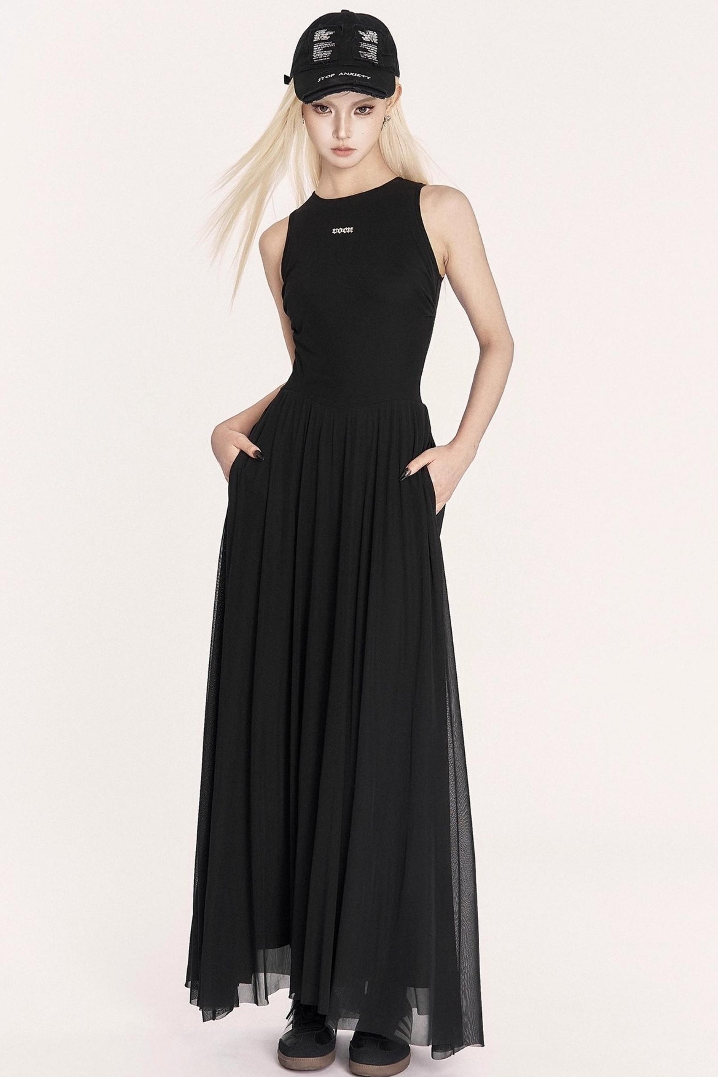 Relaxed French Mesh A-Line Long Dress