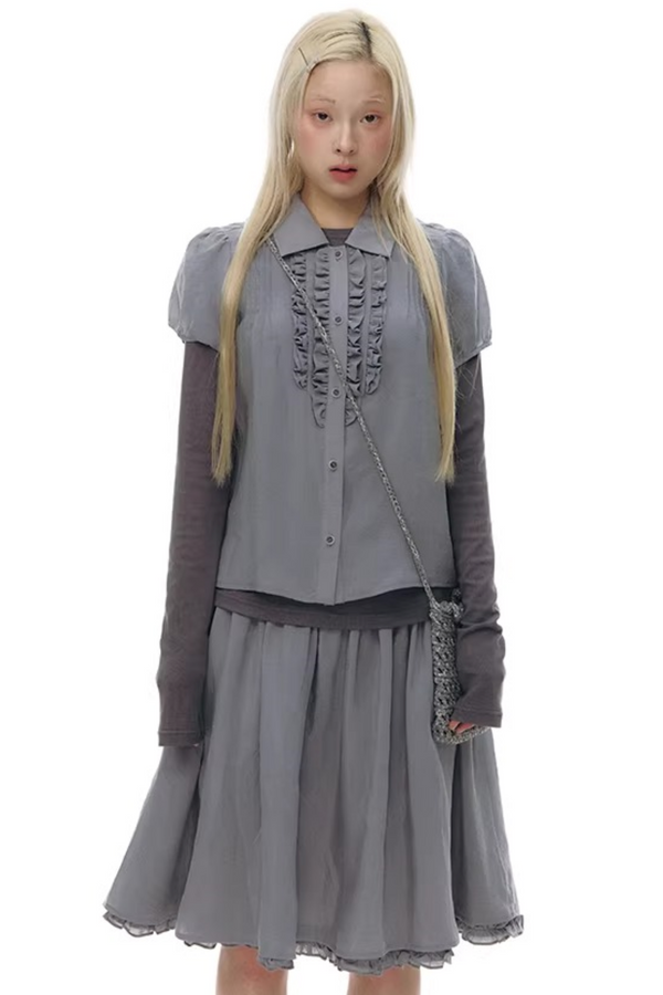 Lace Placket Blouse Matching Set