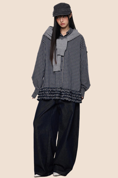 Plaid Pleated Long Sleeve Shirt