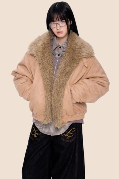 Faux Suede Fur Collar Jacket