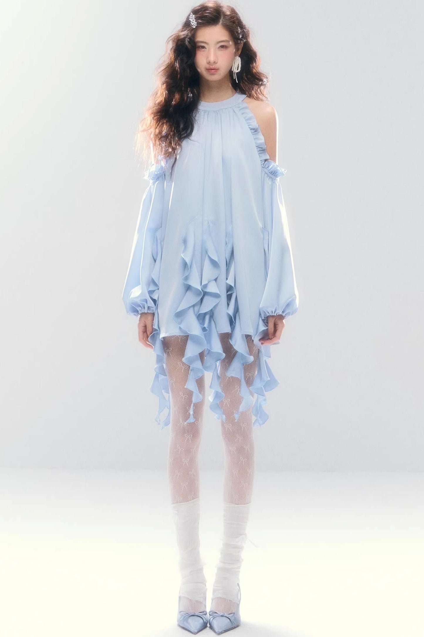 Satin Ruffled Off-Shoulder Dress