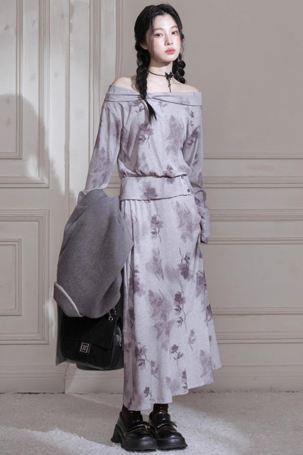 Cloud Gray Purple Bow Neck Knit Skirt Set