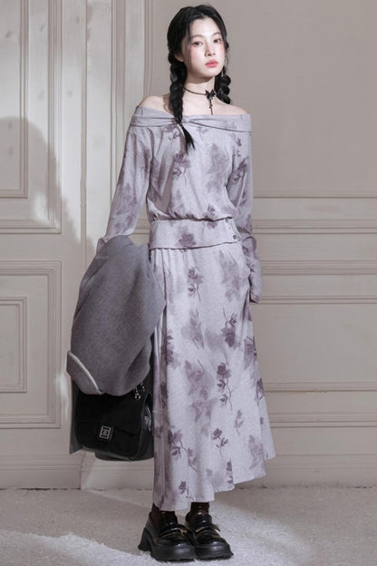 Cloud Gray Purple Bow Neck Knit Skirt Set