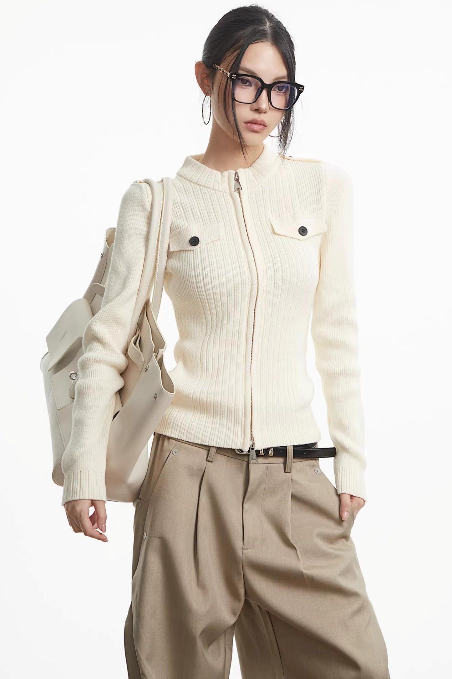 Knit Stand-Up Collar Cardigan