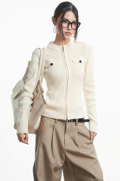 Knit Stand-Up Collar Cardigan