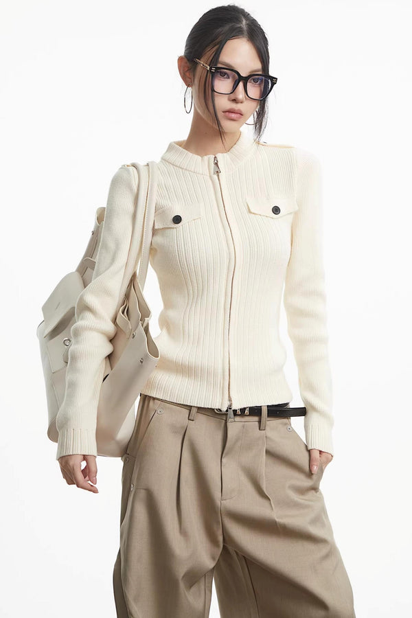 Knit Stand-Up Collar Cardigan