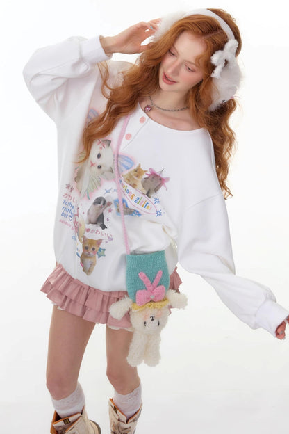 Cat Print Round Neck Sweatshirt
