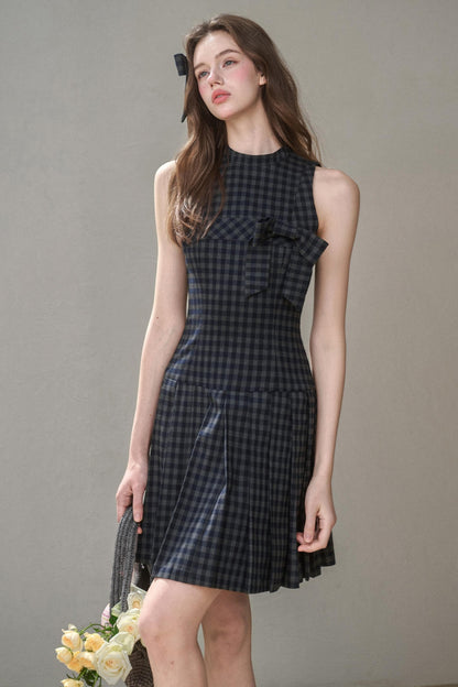 Elegant Bow Halterneck Check Pleated Dress
