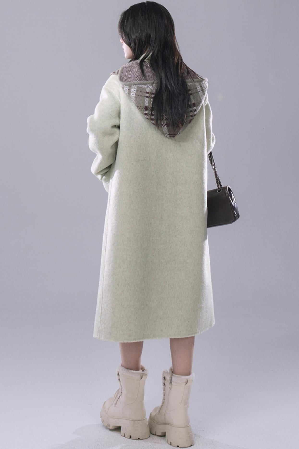 COTRE Yeonnam-dong Street Check Lost Green Wool Hood Collar + Wool Tweed Coat