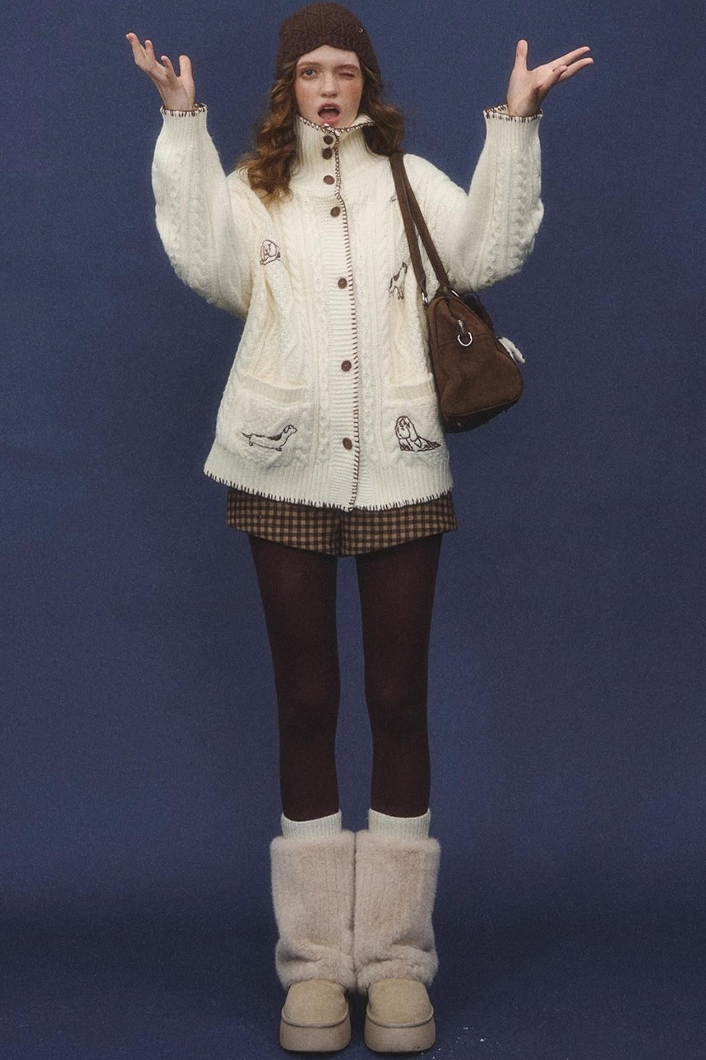 Embroidered Cable Knit Cardigan