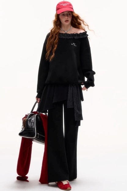 Asymmetrical Striped Ruffle Sweatshirt