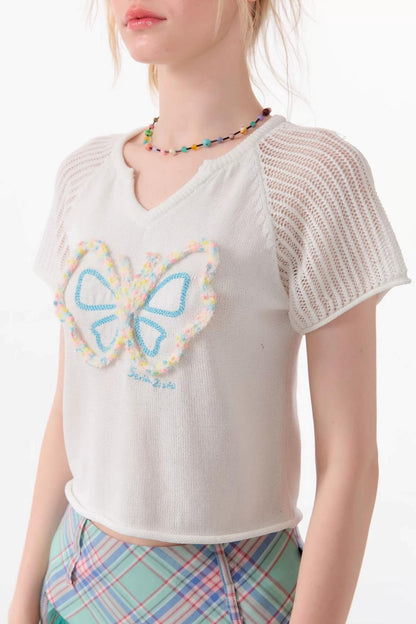 Top Raglan a Maglia con Farfalle 3D