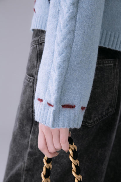 Sky Blue Contrasting Hand-Stitched Jumper