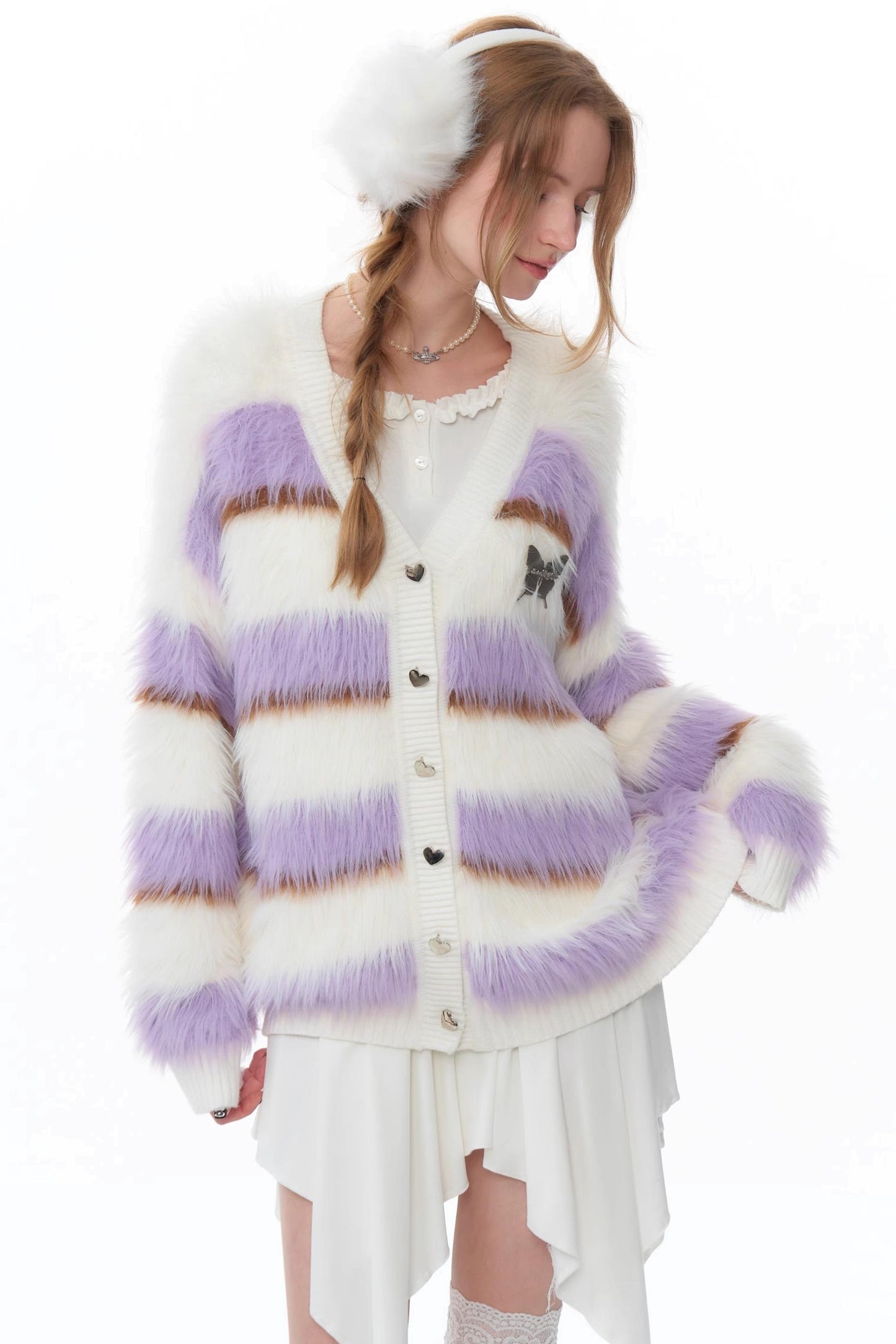 Purple and White Striped Knitted Cardigan