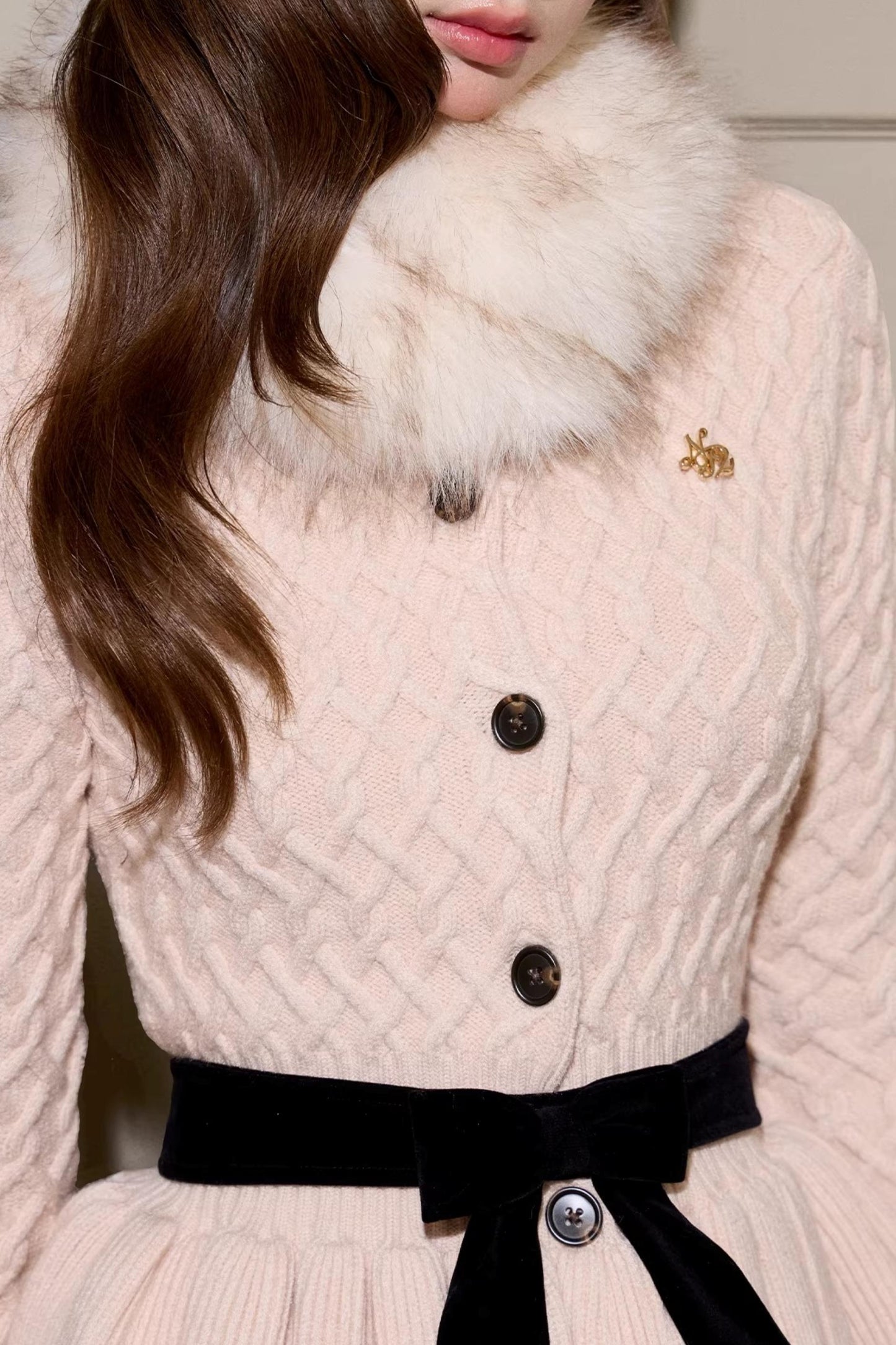 Fur Collar Knitted Cardigan Set