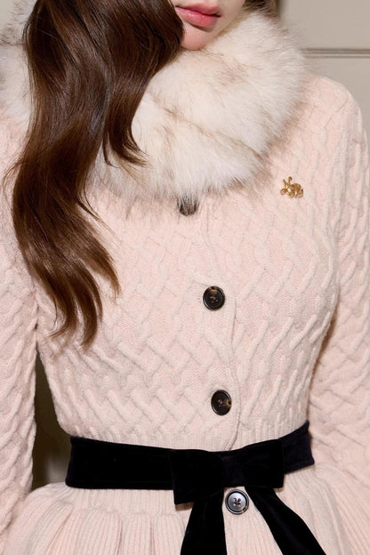 Fur Collar Knitted Cardigan Set
