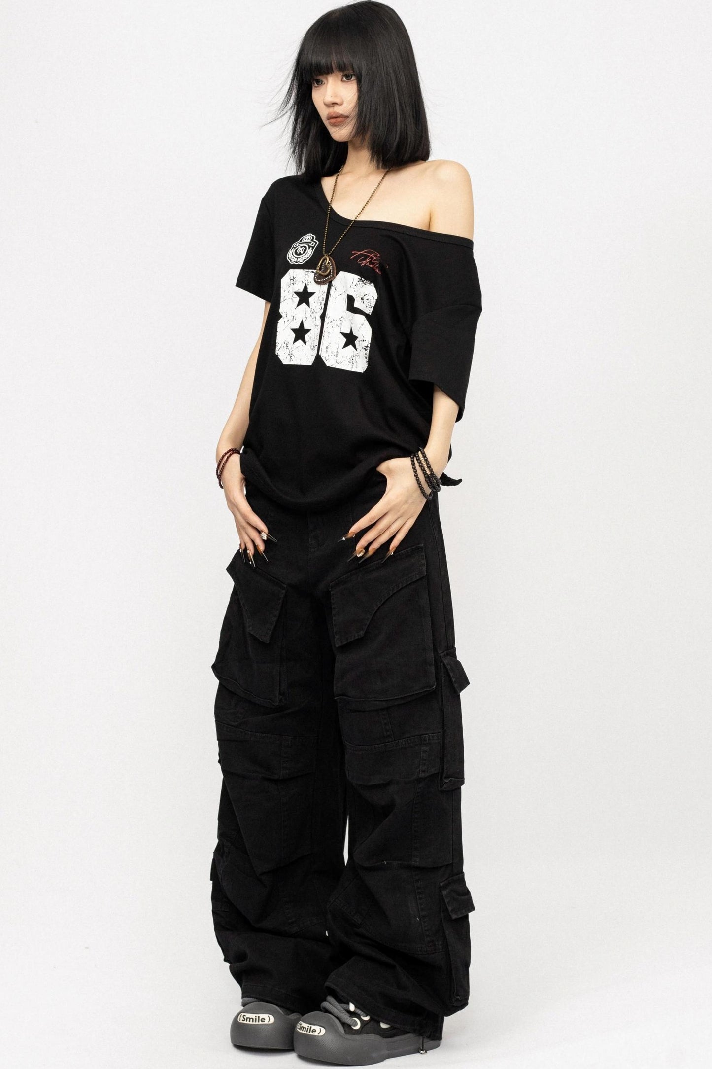 Monogram Black Off-the-Shoulder T-Shirt