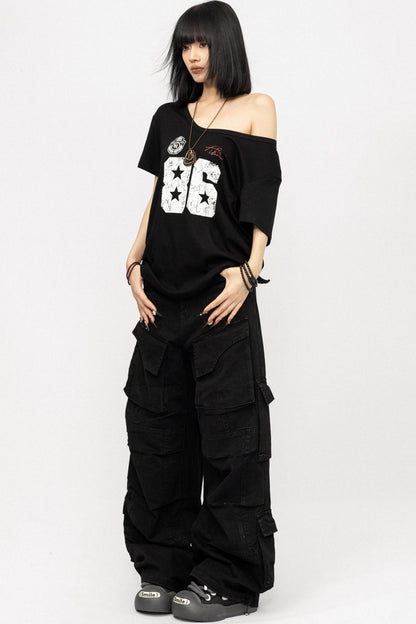 Monogram Black Off-the-Shoulder T-Shirt