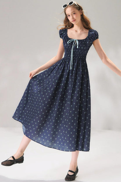 Abito floreale blu navy con lacci