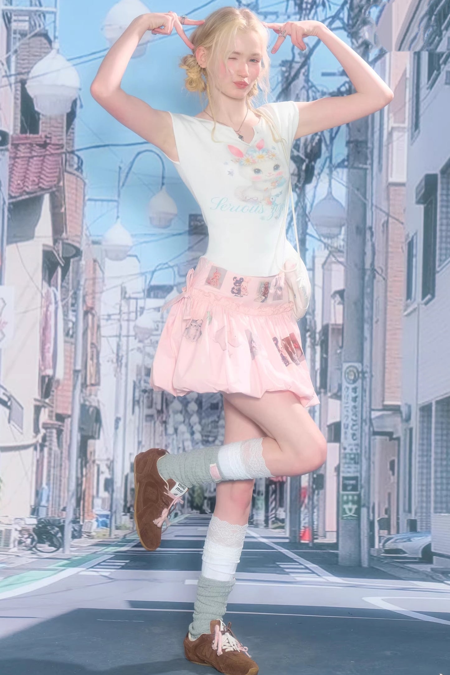 White Rabbit Print Slim Top