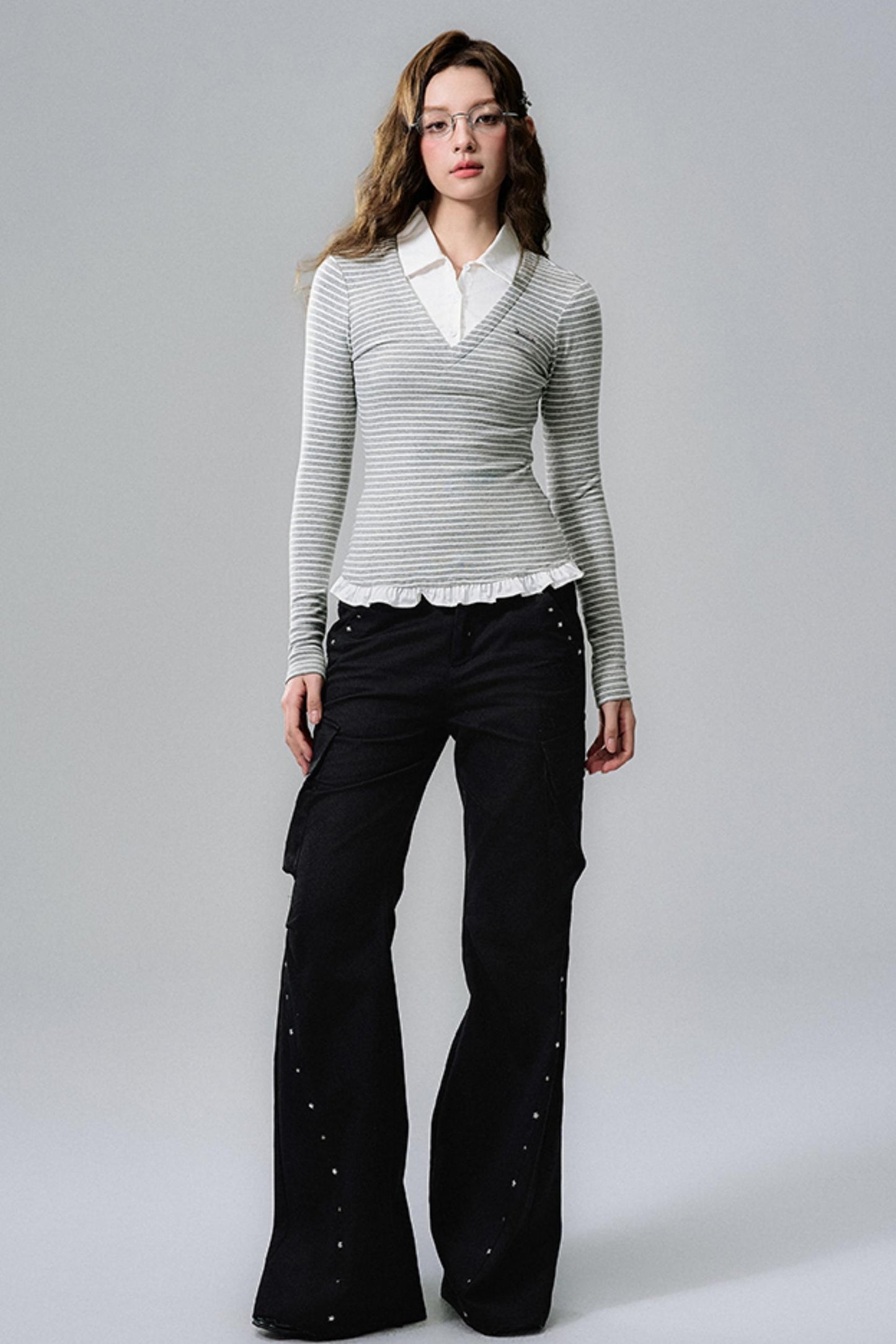 Lace Hem Striped Long Sleeve Knit Tee